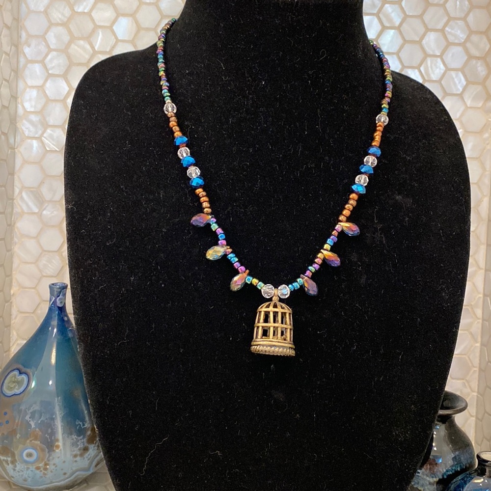 NWT Birdcage/Bird Pendant, Glass & Crystal Teardrop Beaded Necklace